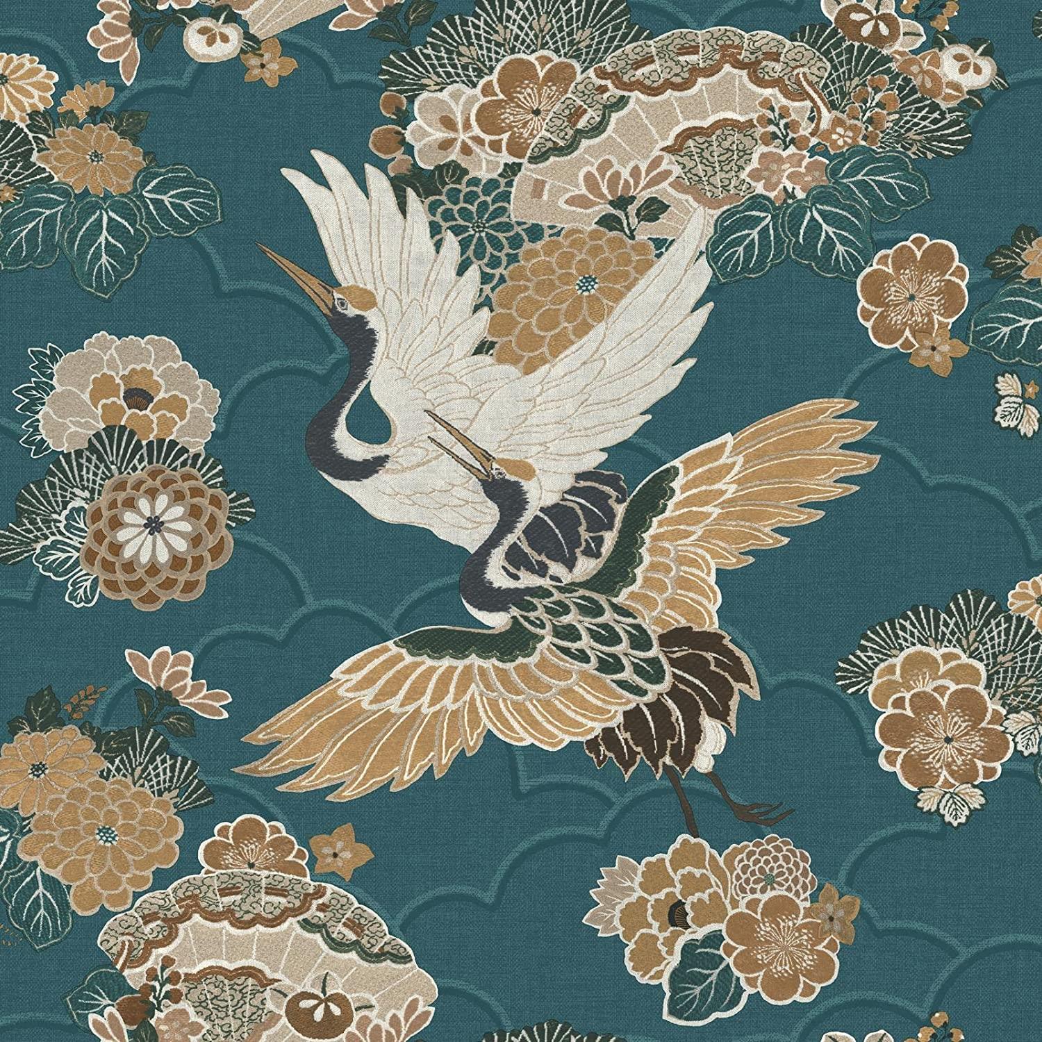 Rasch Akari Kyoto Cranes Floral Wallpaper Teal Rasch 282770