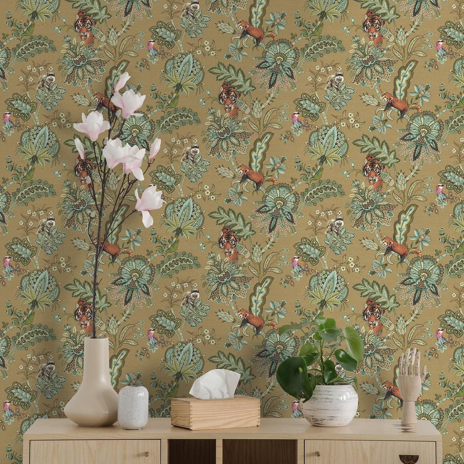 Holden Animal Jacobean Wallpaper - Modern Wallpaper for Living Room, Bedroom, Fireplace - Decorative Luxury Nature Wall Paper with Floral Trails, Paisley Pattern & Wildlife (Ochre Holden)