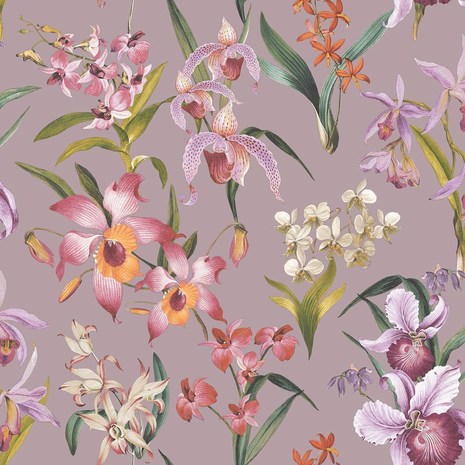 Rasch Maya Floral Wallpaper Tropical Orchids Exotic Flowers Lilac/Multi Colourful 283661