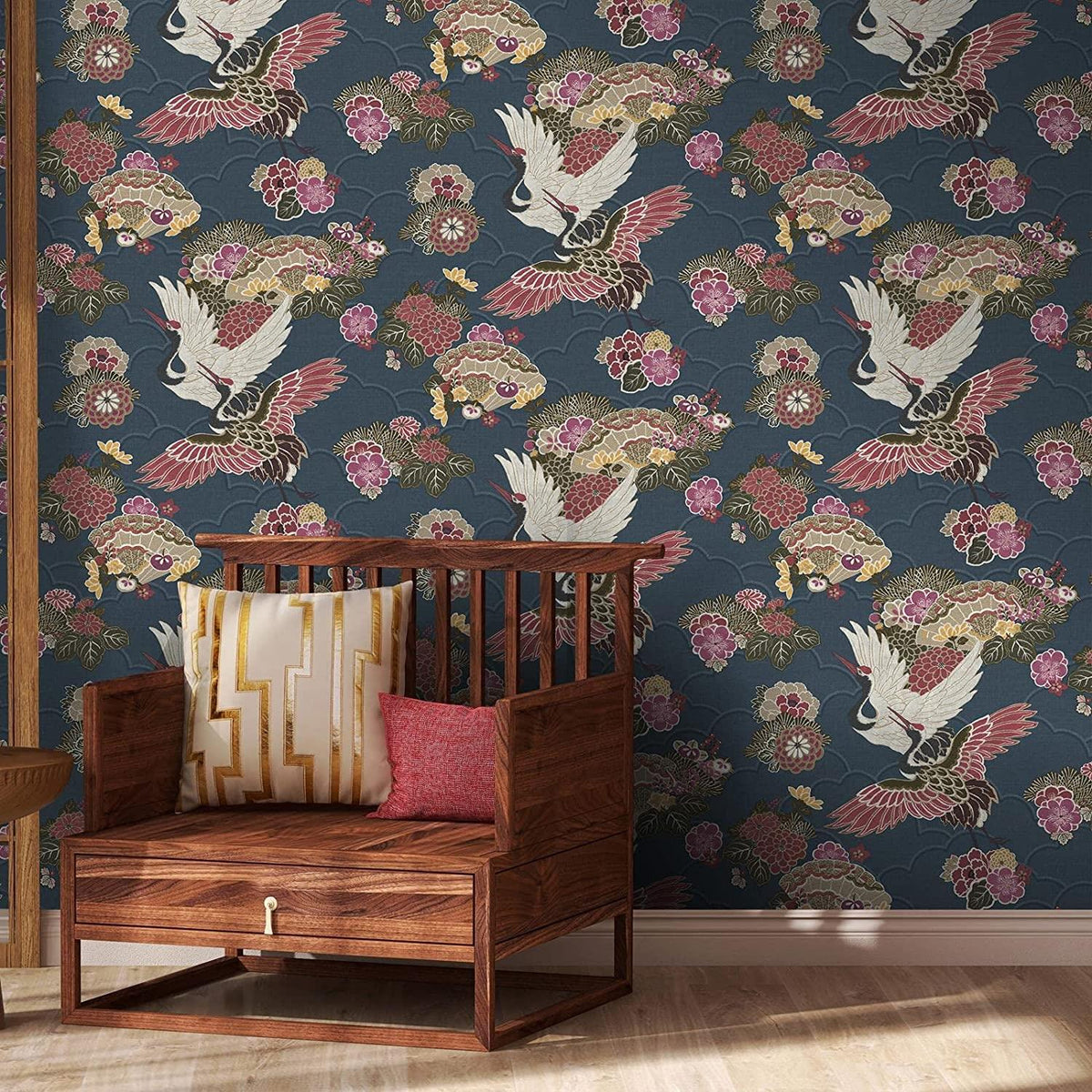 Akari Kyoto Cranes Floral Wallpaper Navy Blue/Magenta Pink Rasch 282763 - All Rooms