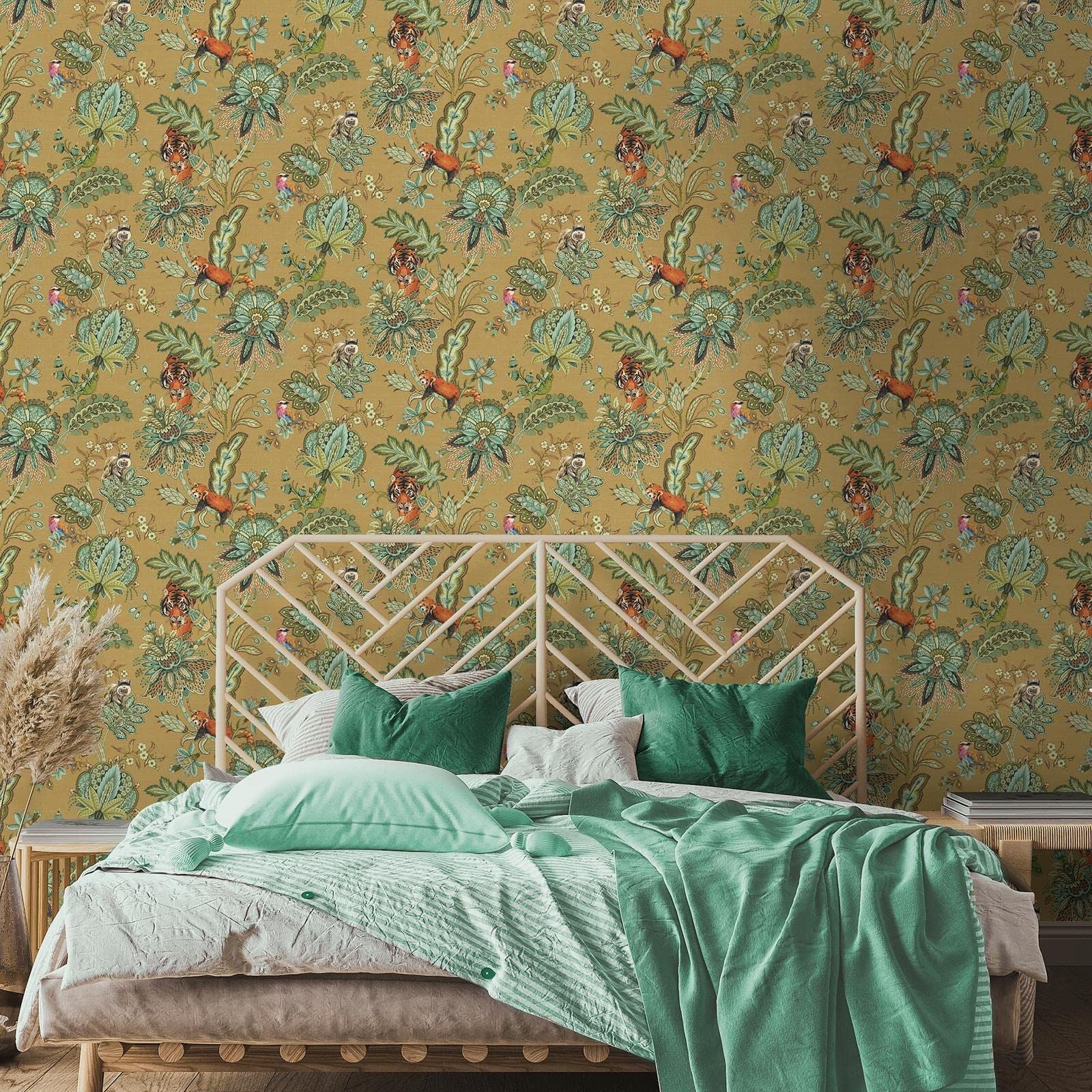 Holden Animal Jacobean Wallpaper - Modern Wallpaper for Living Room, Bedroom, Fireplace - Decorative Luxury Nature Wall Paper with Floral Trails, Paisley Pattern & Wildlife (Ochre Holden)