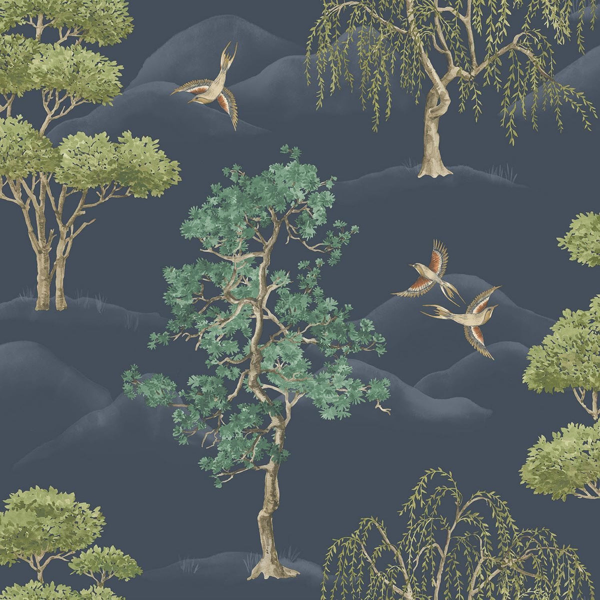 Rasch Maya Willow Woodland Trees Birds Navy Wallpaper - Green Naturistic Floral - Modern Contemporary Feature Wall