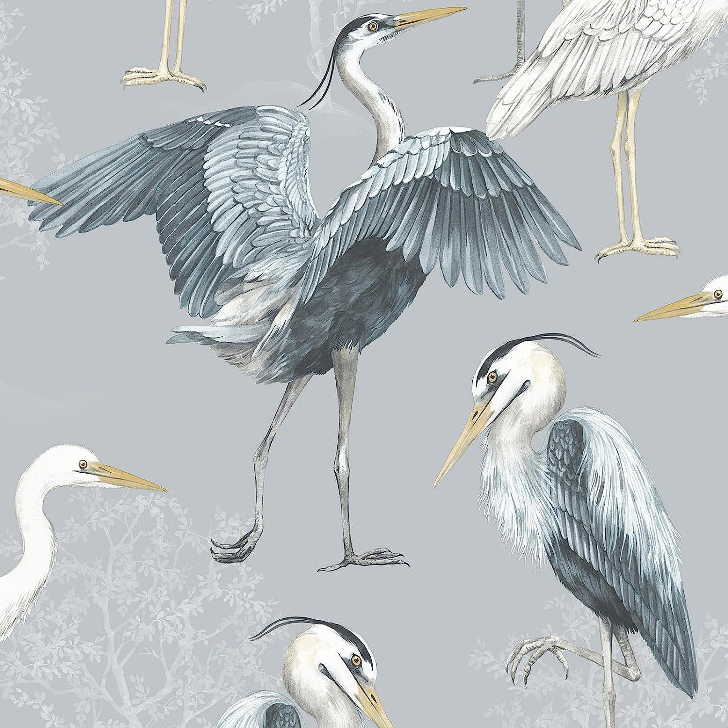 RASCH (U.K) Limited Dimension Heron Wallpaper - Modern Wallpaper for Living Room, Bedroom, Fireplace - Decorative Luxury Nature Wall Paper with Hand-Drawn Herons & Trees (White/Grey/Blue)