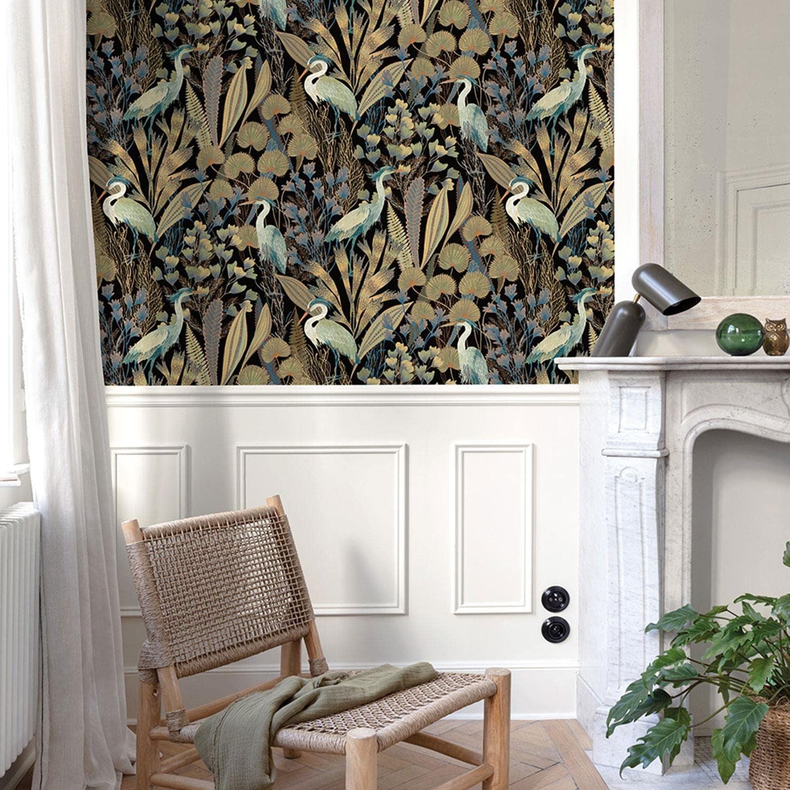 Grandeco Tropical Crane Black Textured Wallpaper