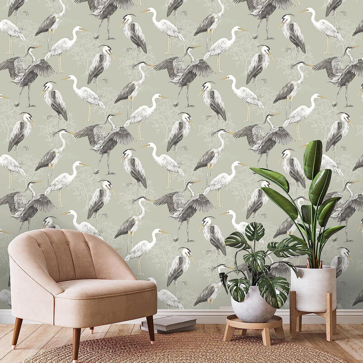 RASCH (U.K) Limited Dimension Heron Wallpaper - Modern Wallpaper for Living Room, Bedroom, Fireplace - Decorative Luxury Nature Wall Paper with Hand-Drawn Herons & Trees (White/Grey/Sage Green)