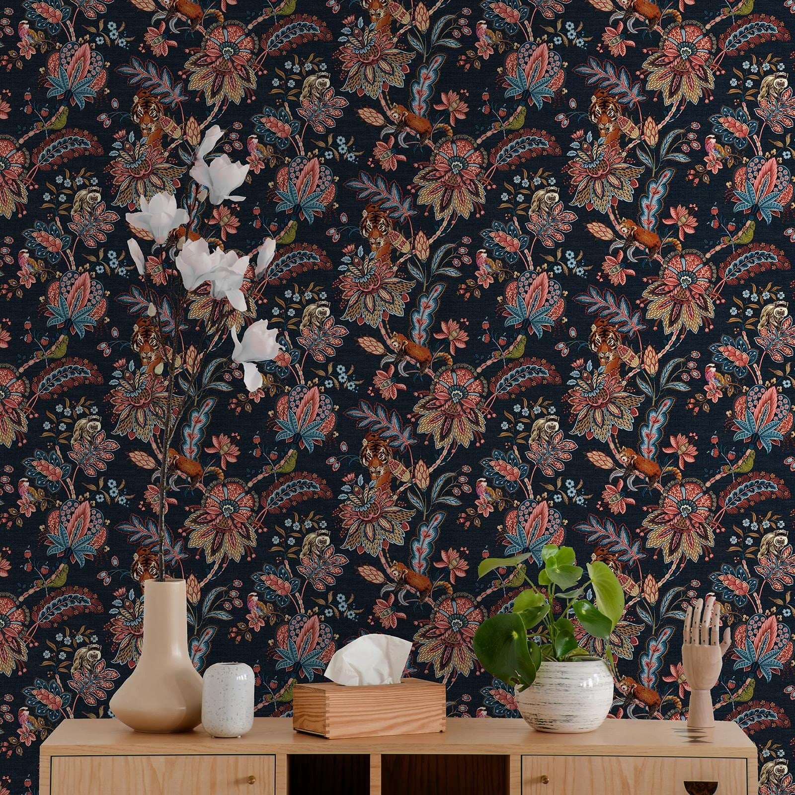 Holden Animal Jacobean Wallpaper - Modern Wallpaper for Living Room, Bedroom, Fireplace - Decorative Luxury Nature Wall Paper with Floral Trails, Paisley Pattern & Wildlife (Navy Holden)