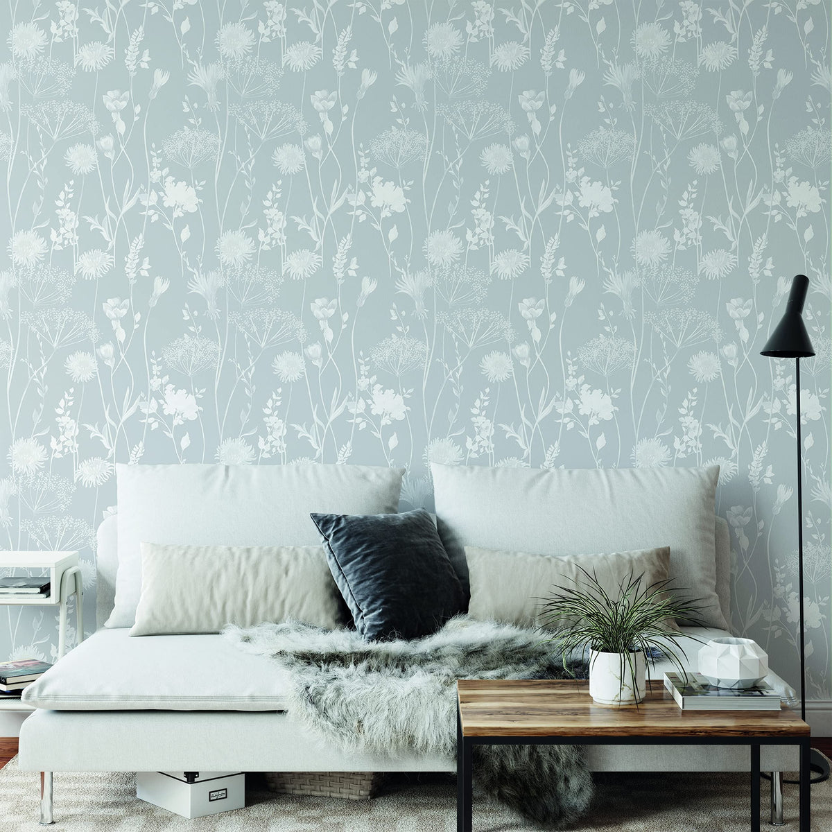 Catherine Lansfield Meadowsweet Floral Wallpaper White/Grey