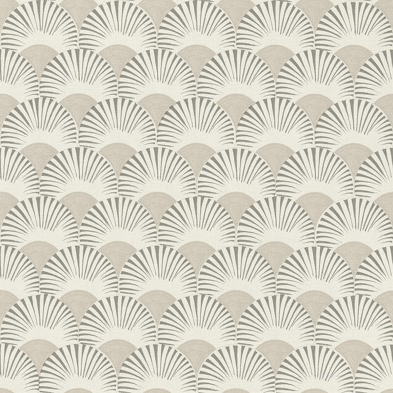 Rasch Studio Onszelf Geometric Fan Motif Beige Non-Woven Wallpaper 539301 with Graphic Fan Pattern in White and Grey with Light Structure