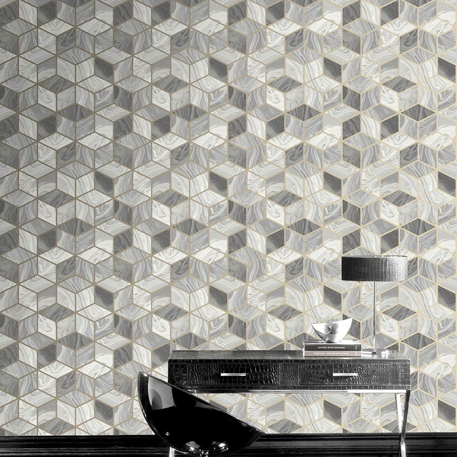 Rasch Portfolio Marble Cube Geometric Grey Wallpaper 248975 - All Rooms