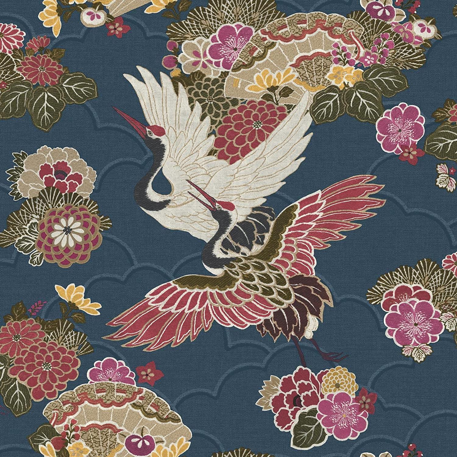 Akari Kyoto Cranes Floral Wallpaper Navy Blue/Magenta Pink Rasch 282763 - All Rooms