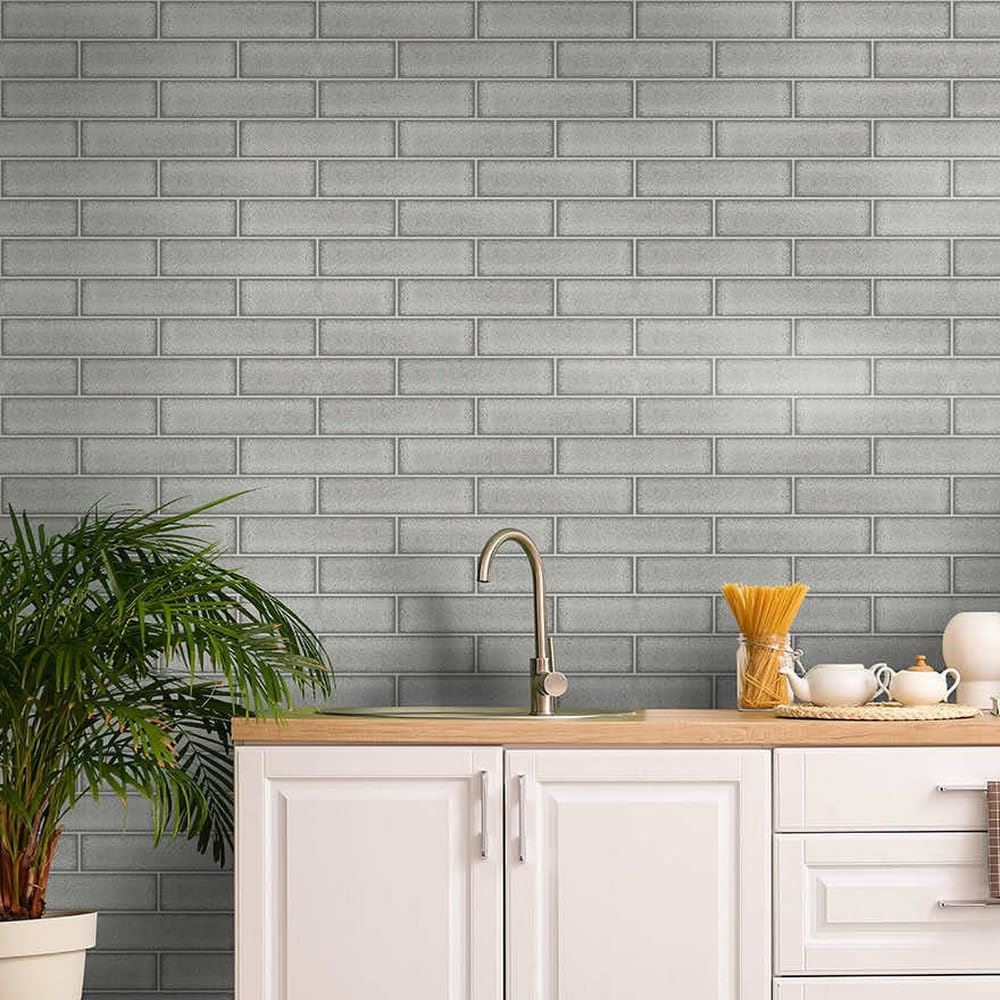 Holden Decor Tiling on a Roll Celadon Gloss Tile Grey Wallpaper 89387 - Kitchen