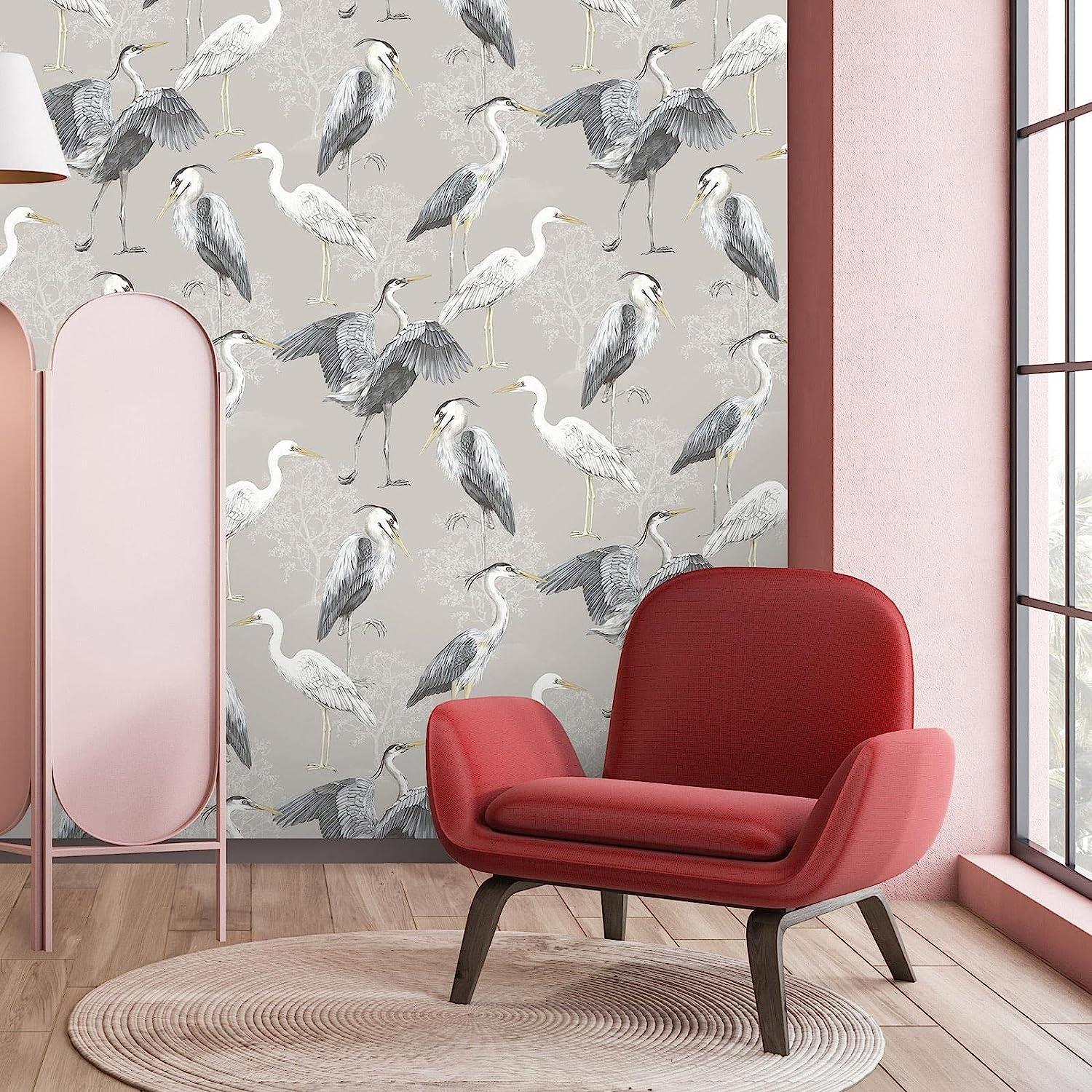 RASCH (U.K) Limited Dimension Heron Wallpaper - Modern Wallpaper for Living Room, Bedroom, Fireplace - Decorative Luxury Nature Wall Paper with Hand-Drawn Herons & Trees (White/Grey/Beige)