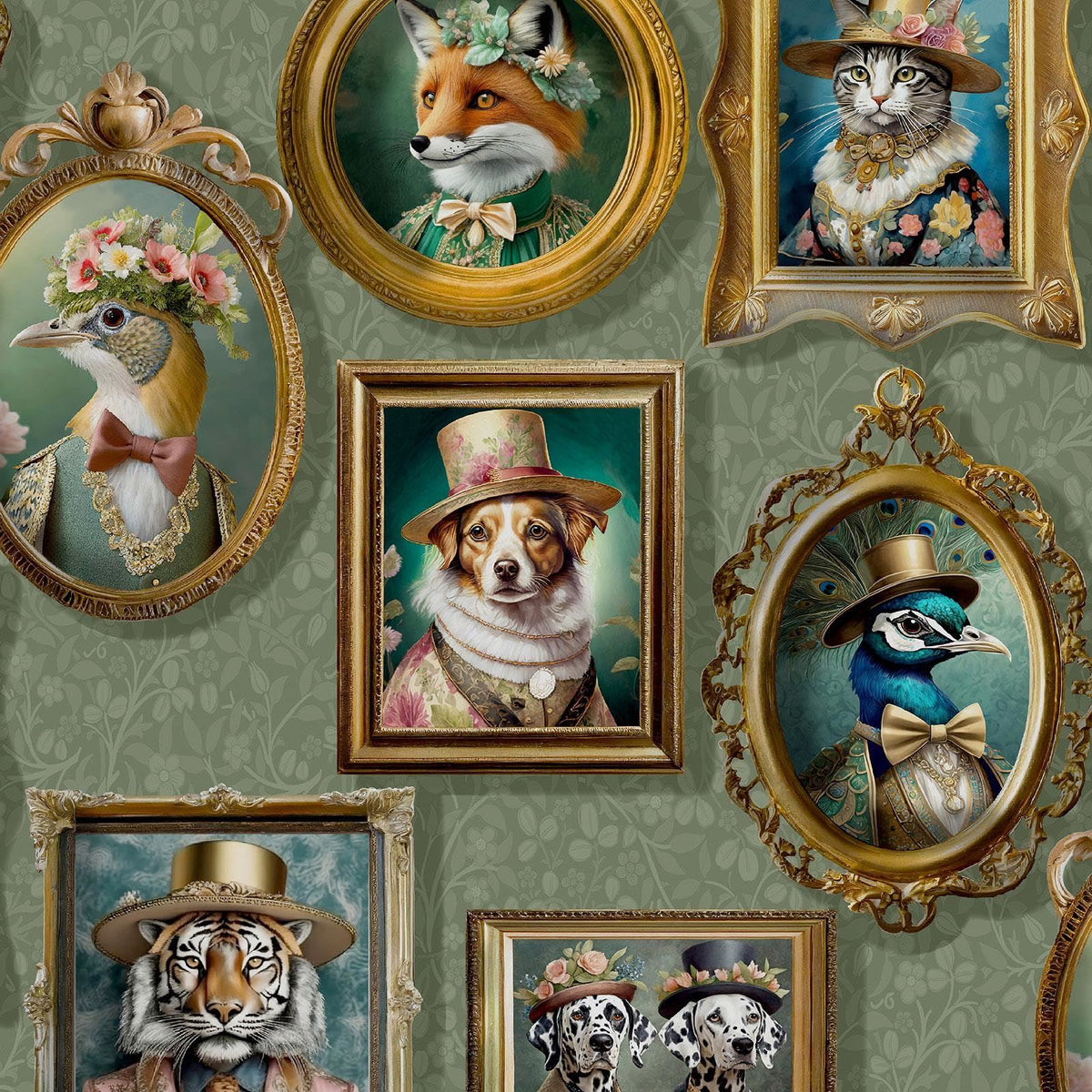 Regal Beasts Animals Dogs Foxes Peacocks in Costumes Sage Green Wallpaper for Feature Walls and Bedrooms, Hallways, Rest Rooms - Animal Print Dog Cat Fox Peacock Artistic - Trendy Stylish Feature Wall