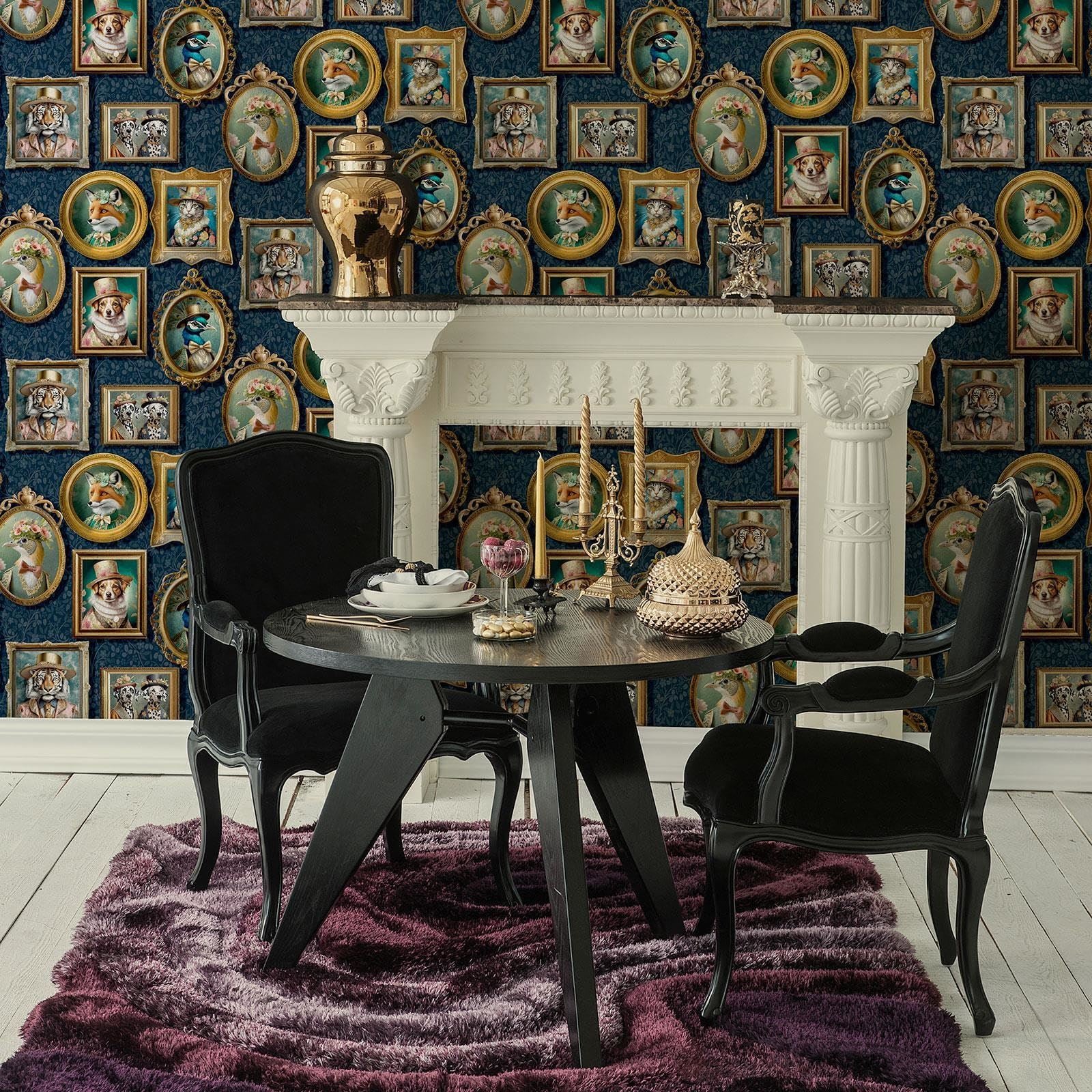 Regal Beasts Animal Prints in Picture Frames in Victorian Style Costumes Wallpaper Perfect for Feature Walls, Bedrooms, Contemporary Modern Walldecoration Navy Blue Holden 13791