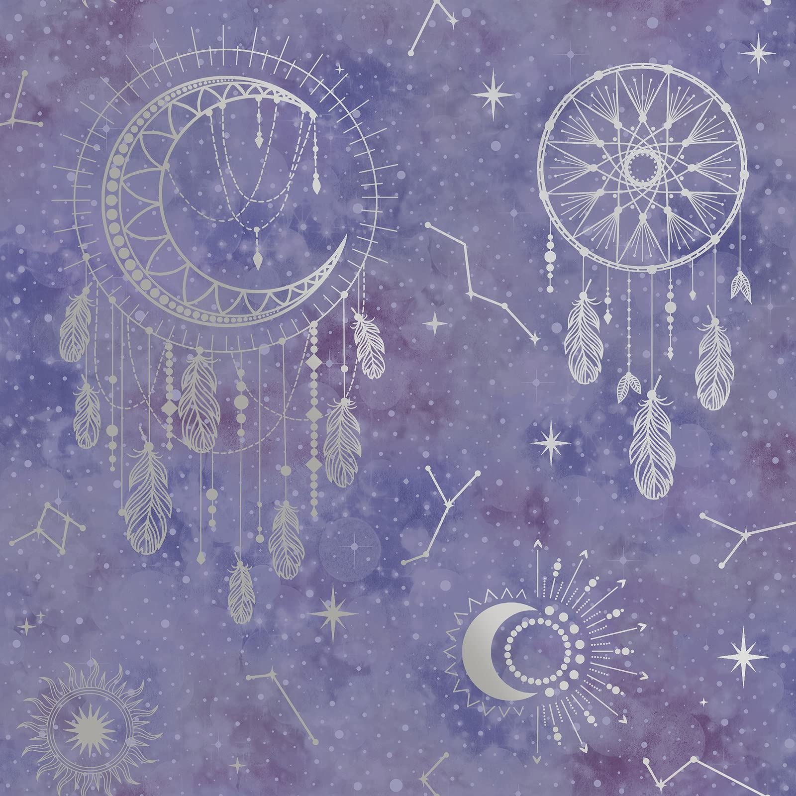 Holden Decor Dreamcatcher Wallpaper - Modern Wallpaper for Bedroom, Nursery & Children’s Playroom - Decorative Luxury Wall Paper with Dreamcatchers, Suns, Stars, Moons & Star Signs (Purple & Silver)