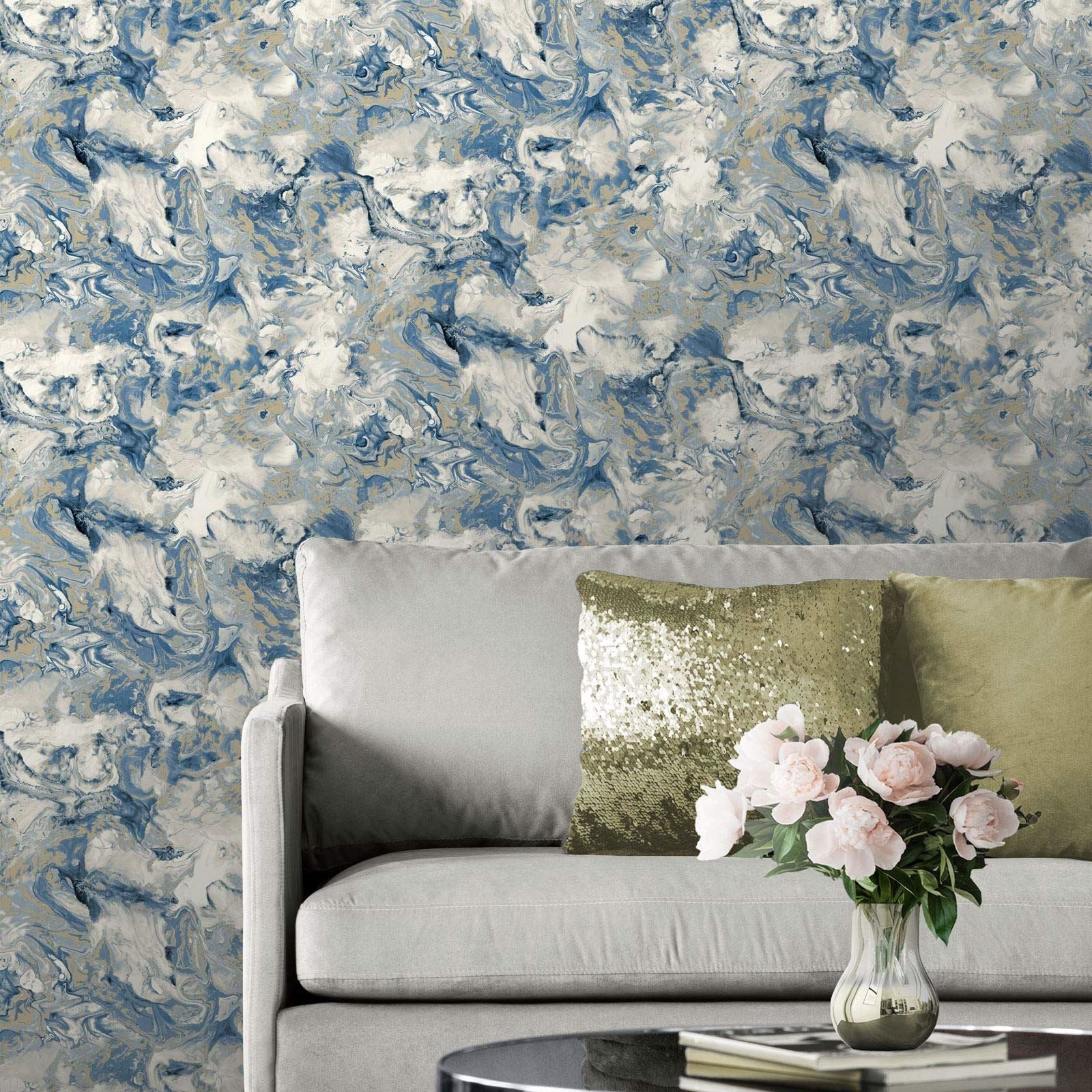 Muriva Elixir Marble Blue Wallpaper 166504 - Feature Metallic Marble Effect