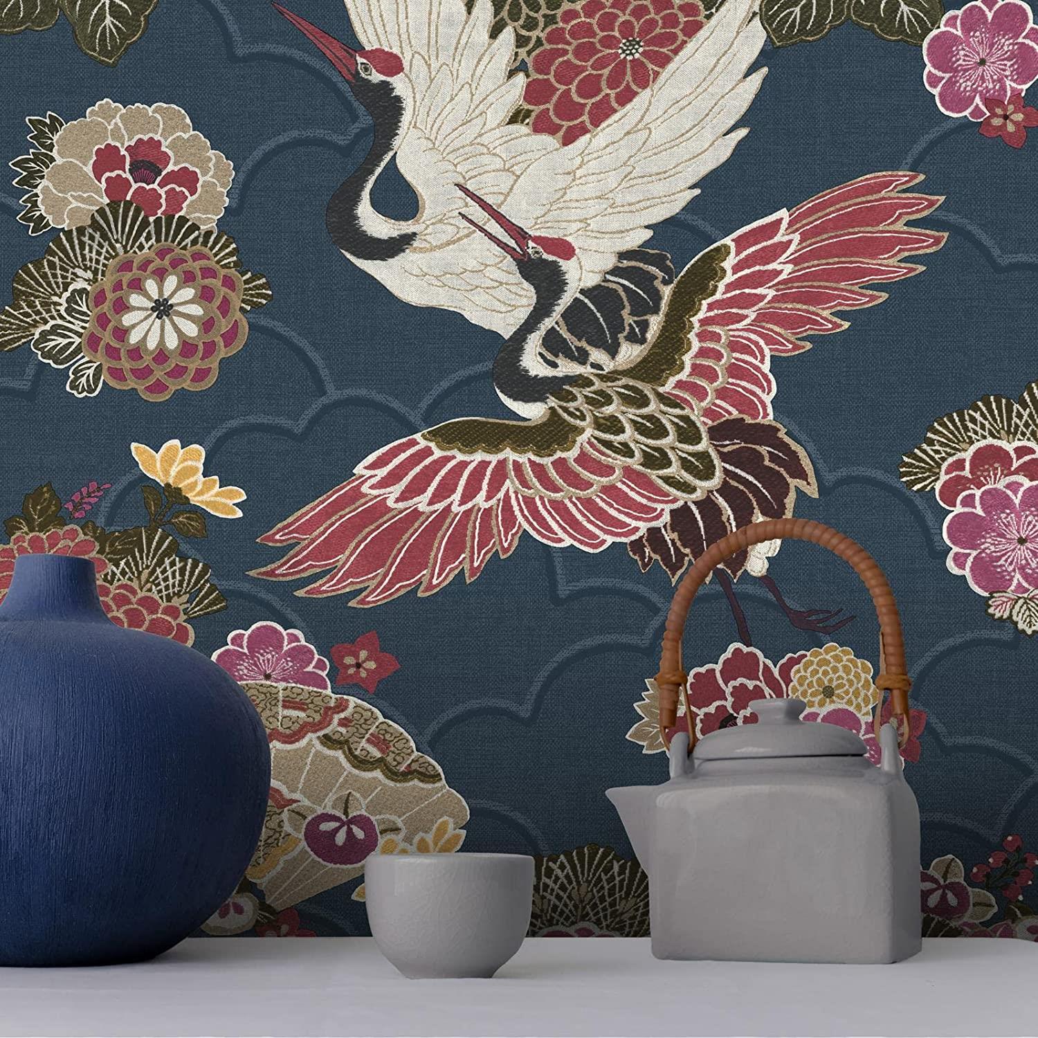 Akari Kyoto Cranes Floral Wallpaper Navy Blue/Magenta Pink Rasch 282763 - All Rooms