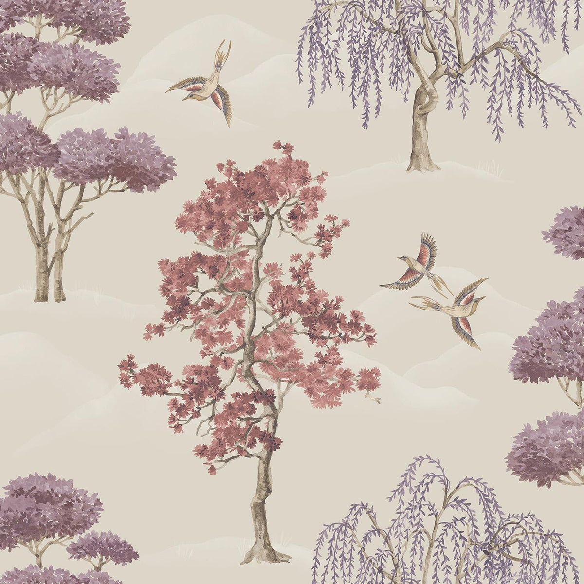 Maya Willow Woodland Trees Birds Burgundy Cream Wallpaper - Naturistic Floral - Modern Contemporary Feature Wall