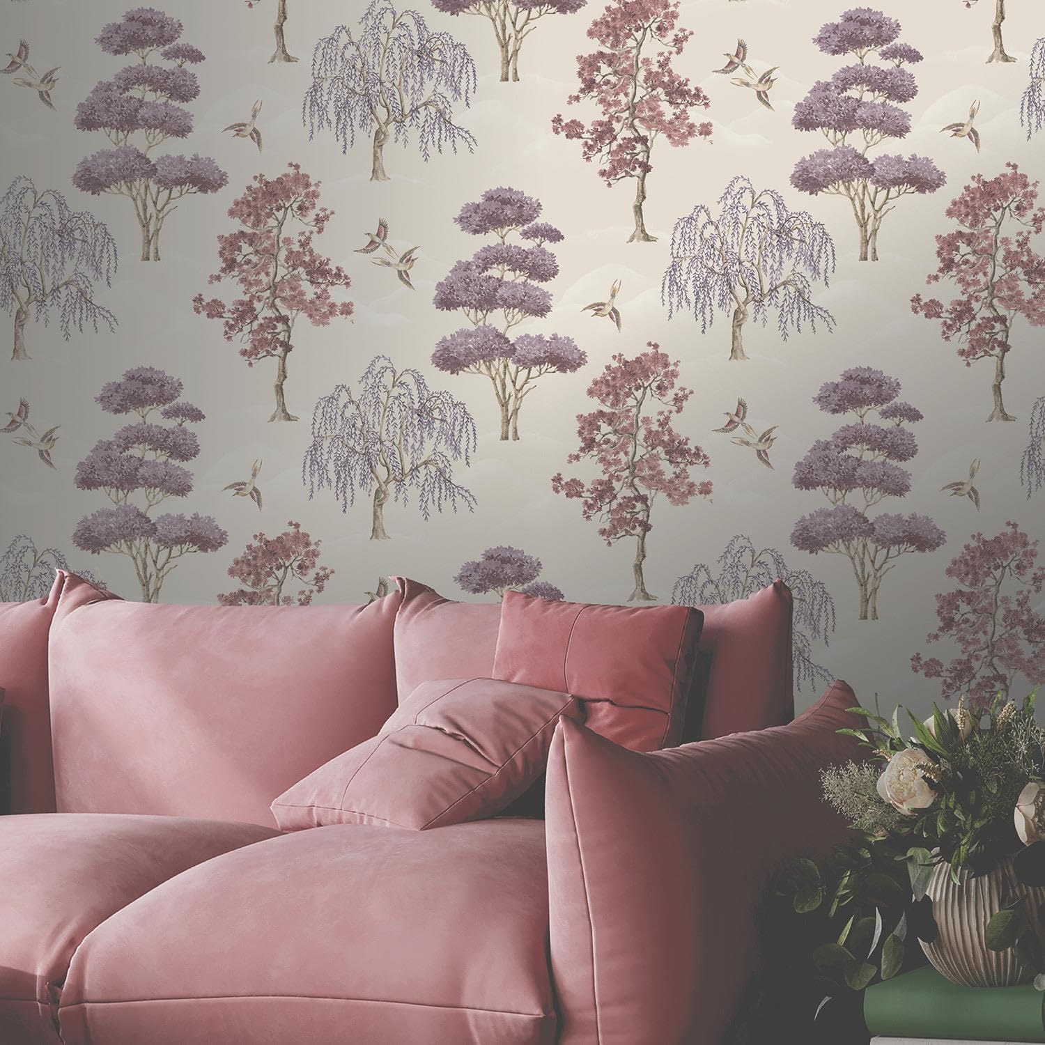 Maya Willow Woodland Trees Birds Burgundy Cream Wallpaper - Naturistic Floral - Modern Contemporary Feature Wall