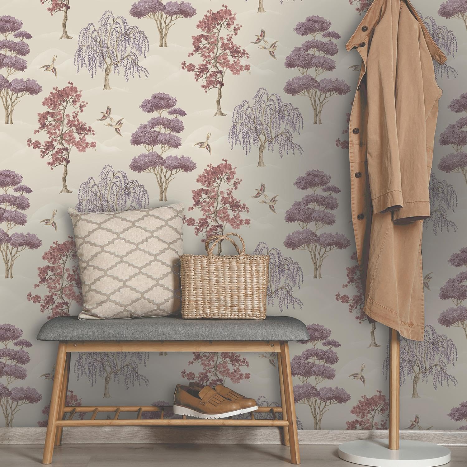 Maya Willow Woodland Trees Birds Burgundy Cream Wallpaper - Naturistic Floral - Modern Contemporary Feature Wall