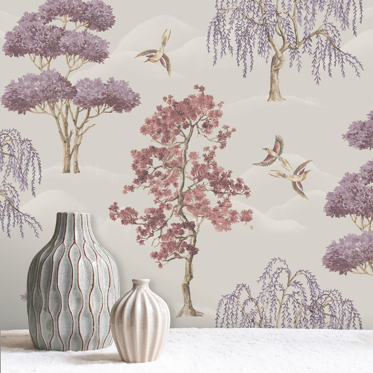 Maya Willow Woodland Trees Birds Burgundy Cream Wallpaper - Naturistic Floral - Modern Contemporary Feature Wall