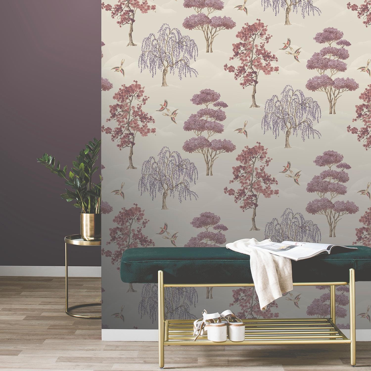 Maya Willow Woodland Trees Birds Burgundy Cream Wallpaper - Naturistic Floral - Modern Contemporary Feature Wall