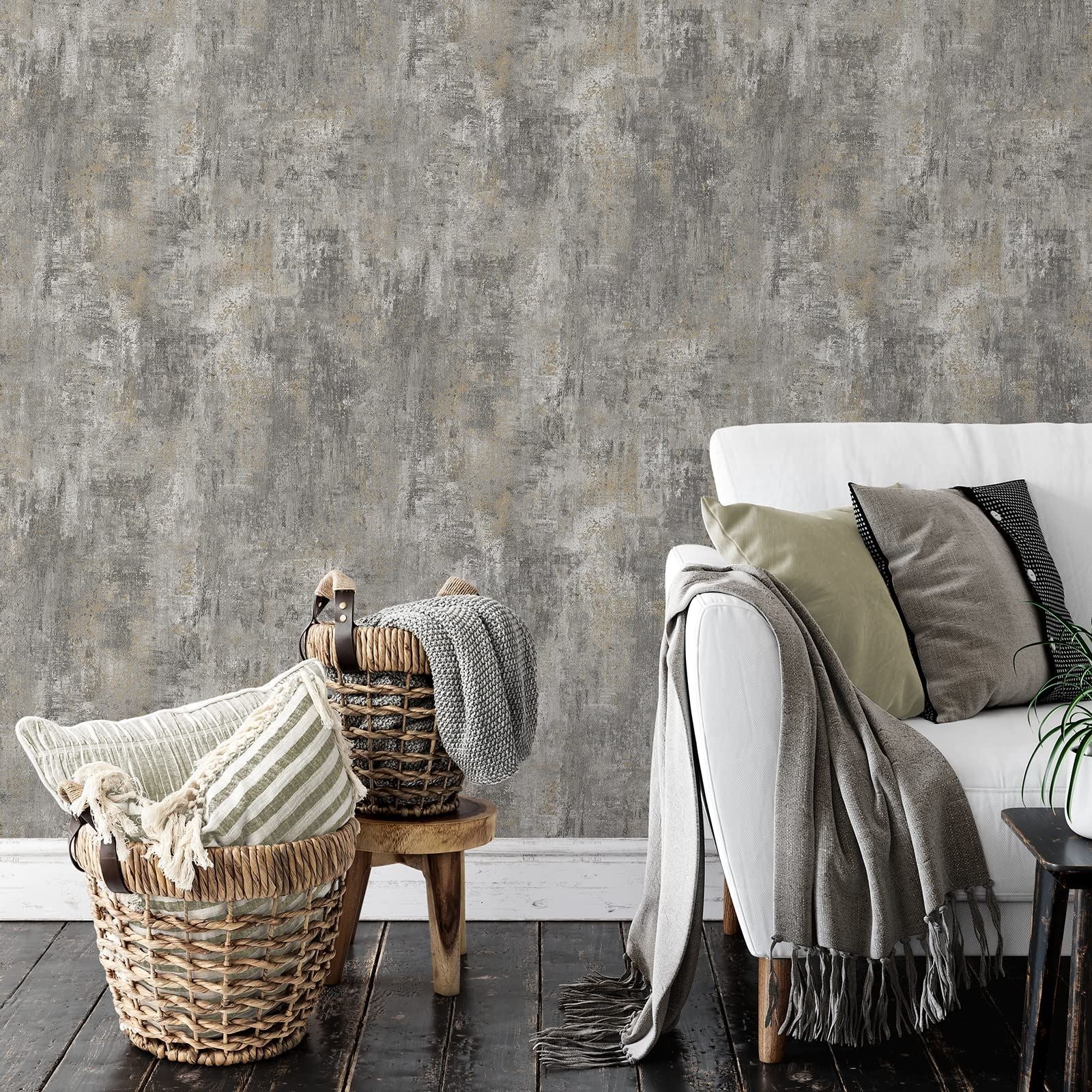 Muriva Cove Wallpaper - Modern Wallpaper for Living Room, Bedroom, Fireplace - Decorative Luxury Wall Paper with Distressed Pattern, Textured Finish & Metallic Detailing (Charcoal)