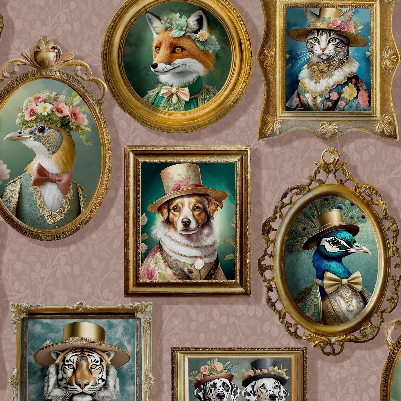 Regal Beasts Animal Prints in Picture Frames in Victorian Style Costumes Wallpaper Perfect for Feature Walls, Bedrooms, Contemporary Modern Walldecoration Pink Holden 13793