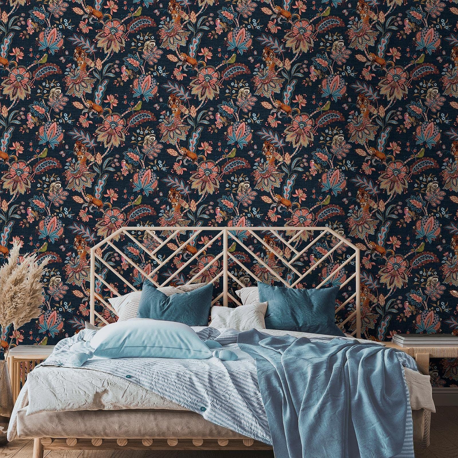 Holden Animal Jacobean Wallpaper - Modern Wallpaper for Living Room, Bedroom, Fireplace - Decorative Luxury Nature Wall Paper with Floral Trails, Paisley Pattern & Wildlife (Navy Holden)