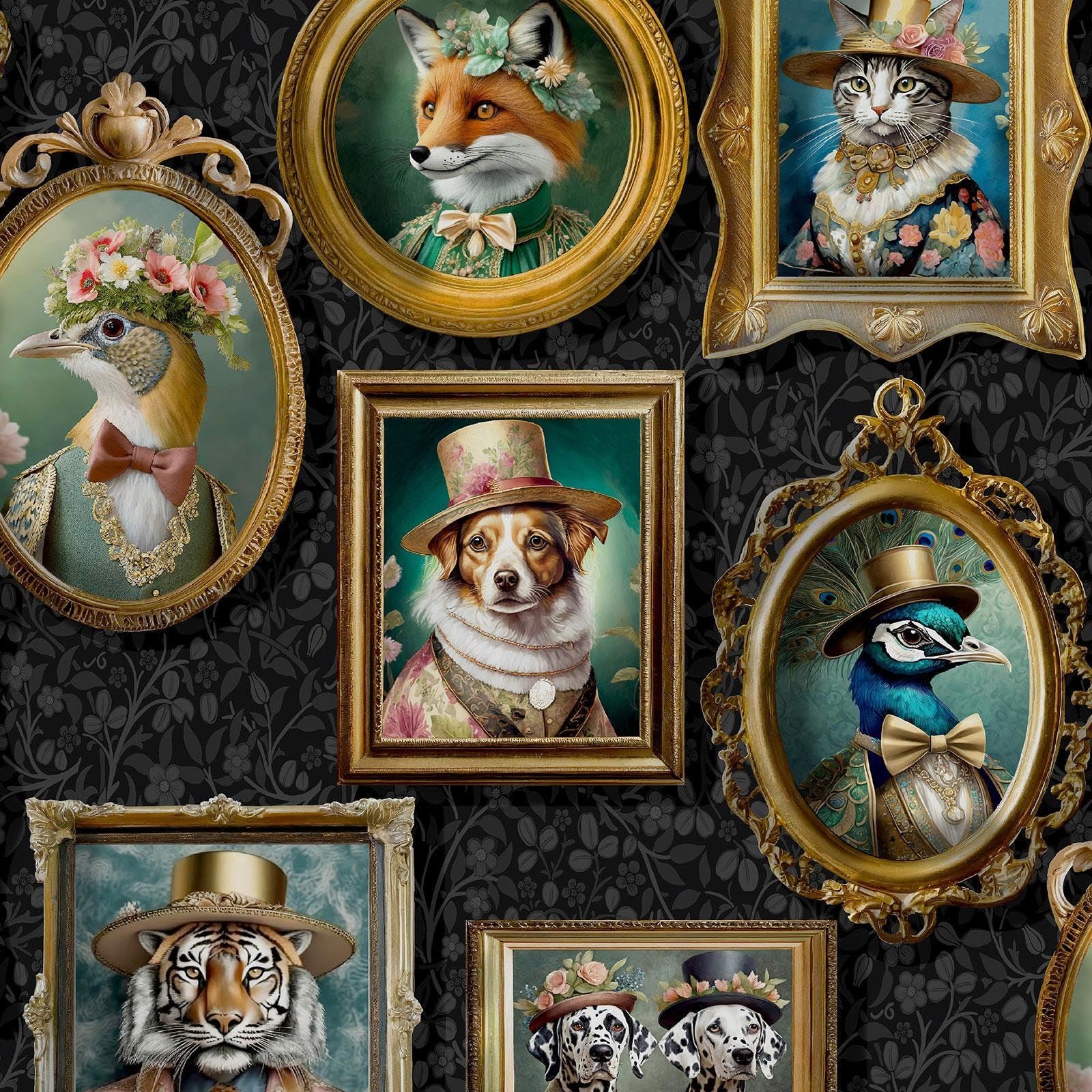 Regal Beasts Animal Prints in Picture Frames in Victorian Style Costumes Wallpaper Perfect for Feature Walls, Bedrooms, Contemporary Modern Walldecoration Charcoal Holden 13790