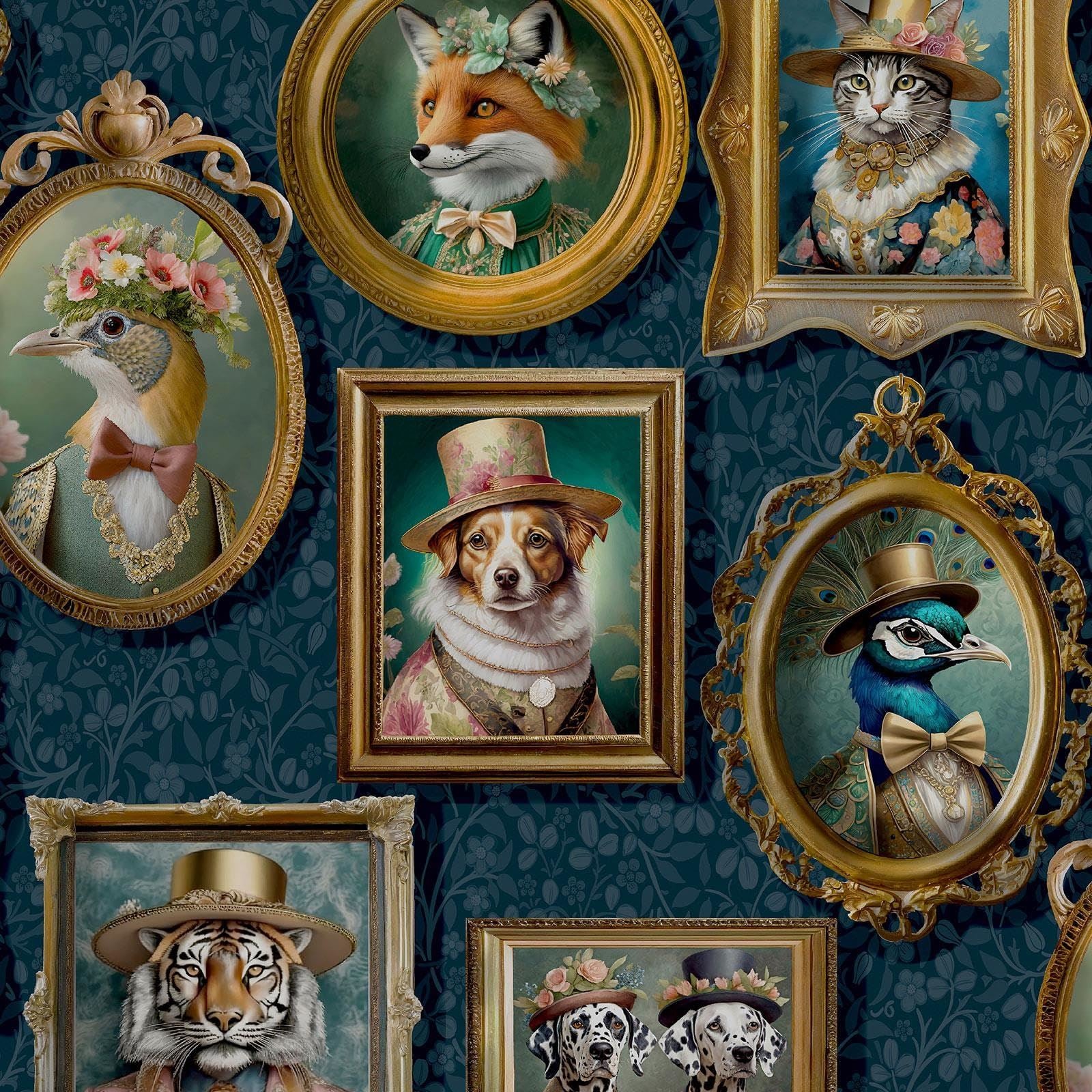 Regal Beasts Animal Prints in Picture Frames in Victorian Style Costumes Wallpaper Perfect for Feature Walls, Bedrooms, Contemporary Modern Walldecoration Navy Blue Holden 13791