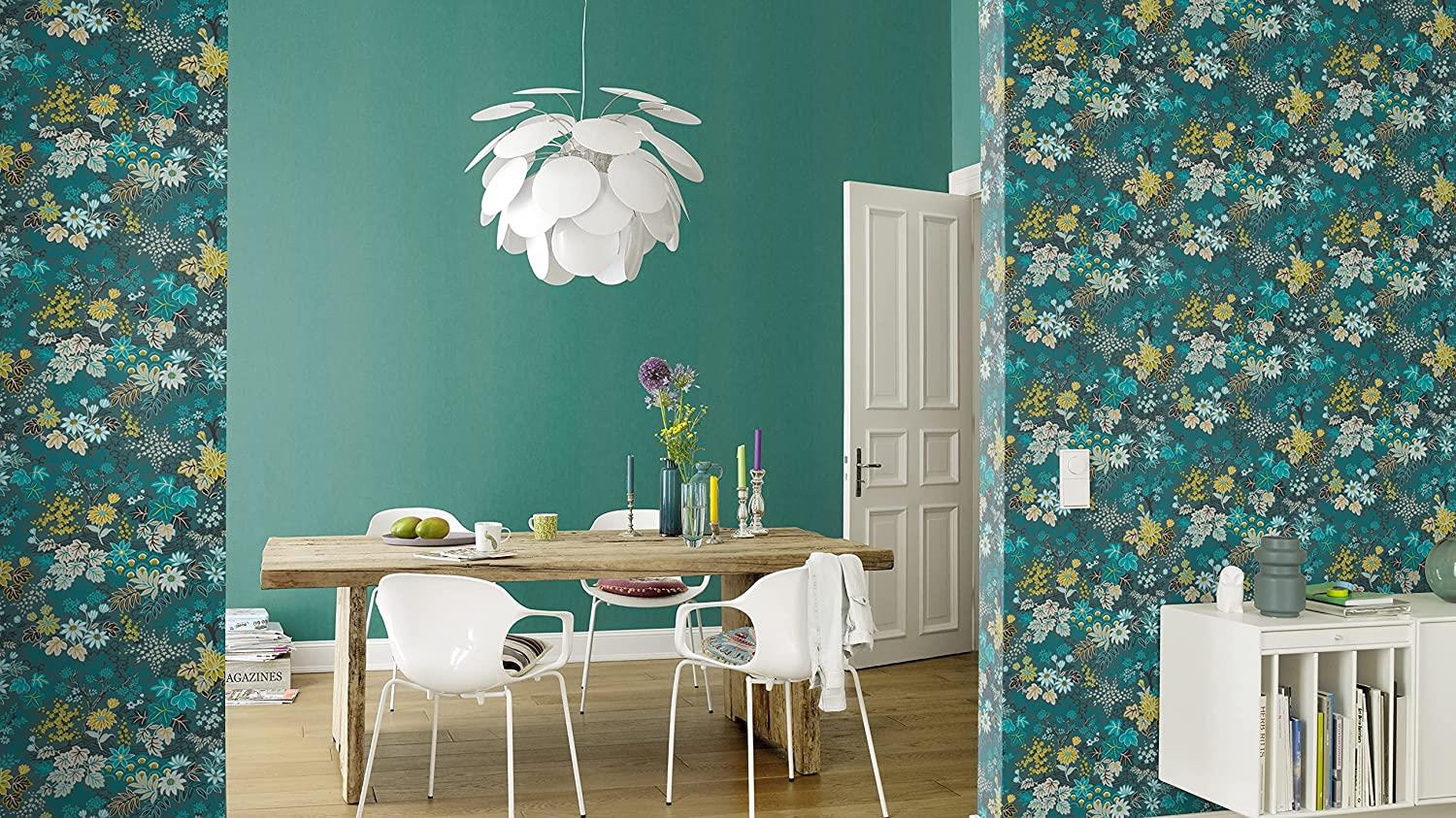 Rasch Wallpaper 553352 - Colourful Non-Woven Wallpaper from The Salisbury Collection with Different Coloured Leaves on Dark Blue Background with Slight Structure - 10.05 m x 53 cm (L x W)