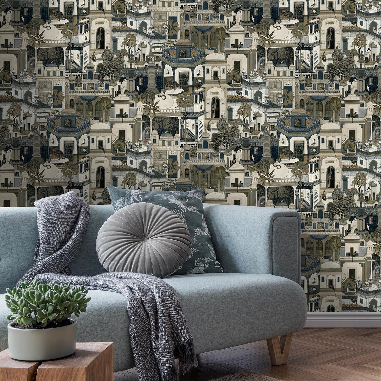 Holden Decor Animal City Wallpaper - Modern Wallpaper for Living Room, Bedroom, Fireplace - Decorative Luxury Nature Wallpaper with Urban Moroccan City Landscape & Jungle Animals, Navy Blue and Brown