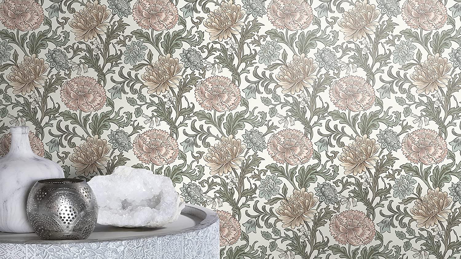 Rasch Wallpaper 553130 - Colourful Non-Woven Wallpaper from The Salisbury Collection with Flower Motif in Various Colours on White Background with Slightly Structure - 10.05 m x 53 cm (L x W)