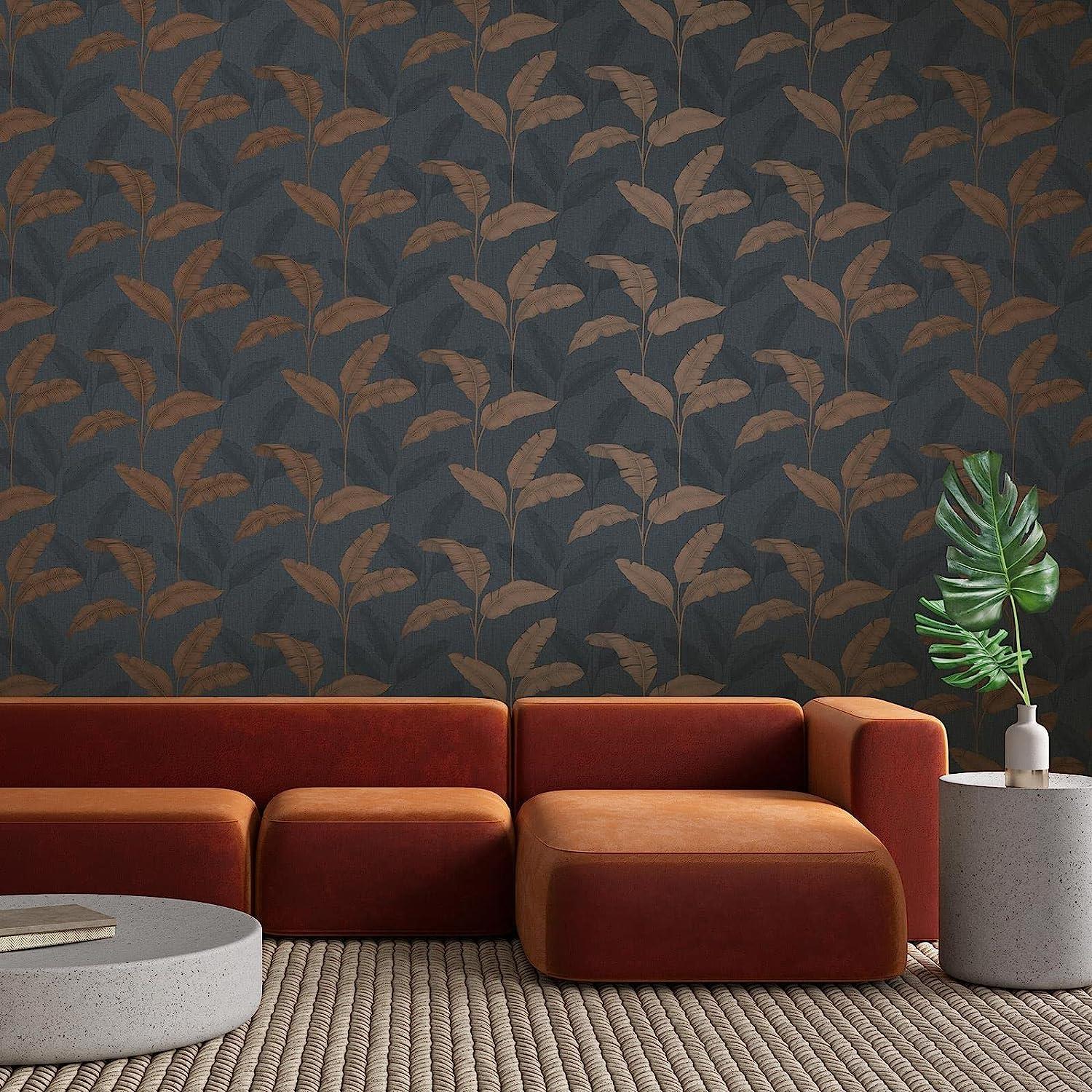 RASCH (U.K) Limited Amara Palm Wallpaper - Modern Wallpaper for Living Room, Bedroom, Fireplace - Decorative Luxury Tropical Wall Paper with Rusty Tone (Navy/Brown)