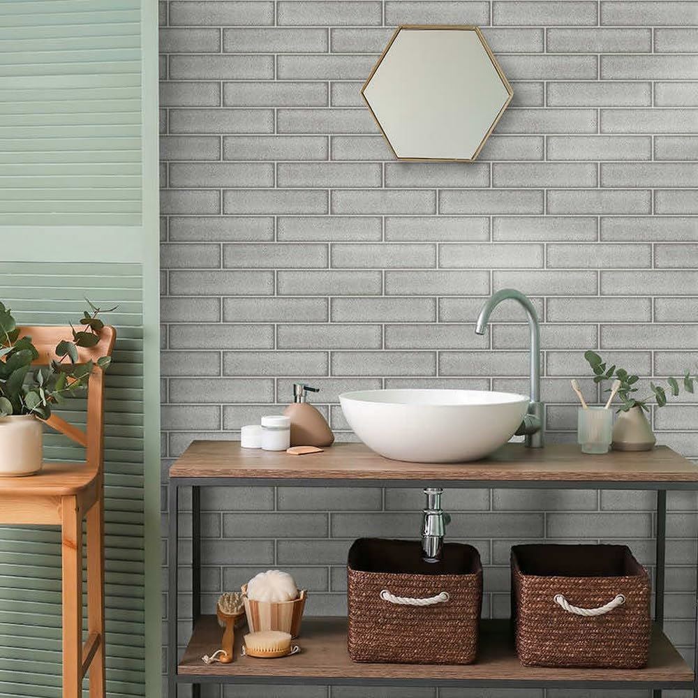 Holden Decor Tiling on a Roll Celadon Gloss Tile Grey Wallpaper 89387 - Kitchen