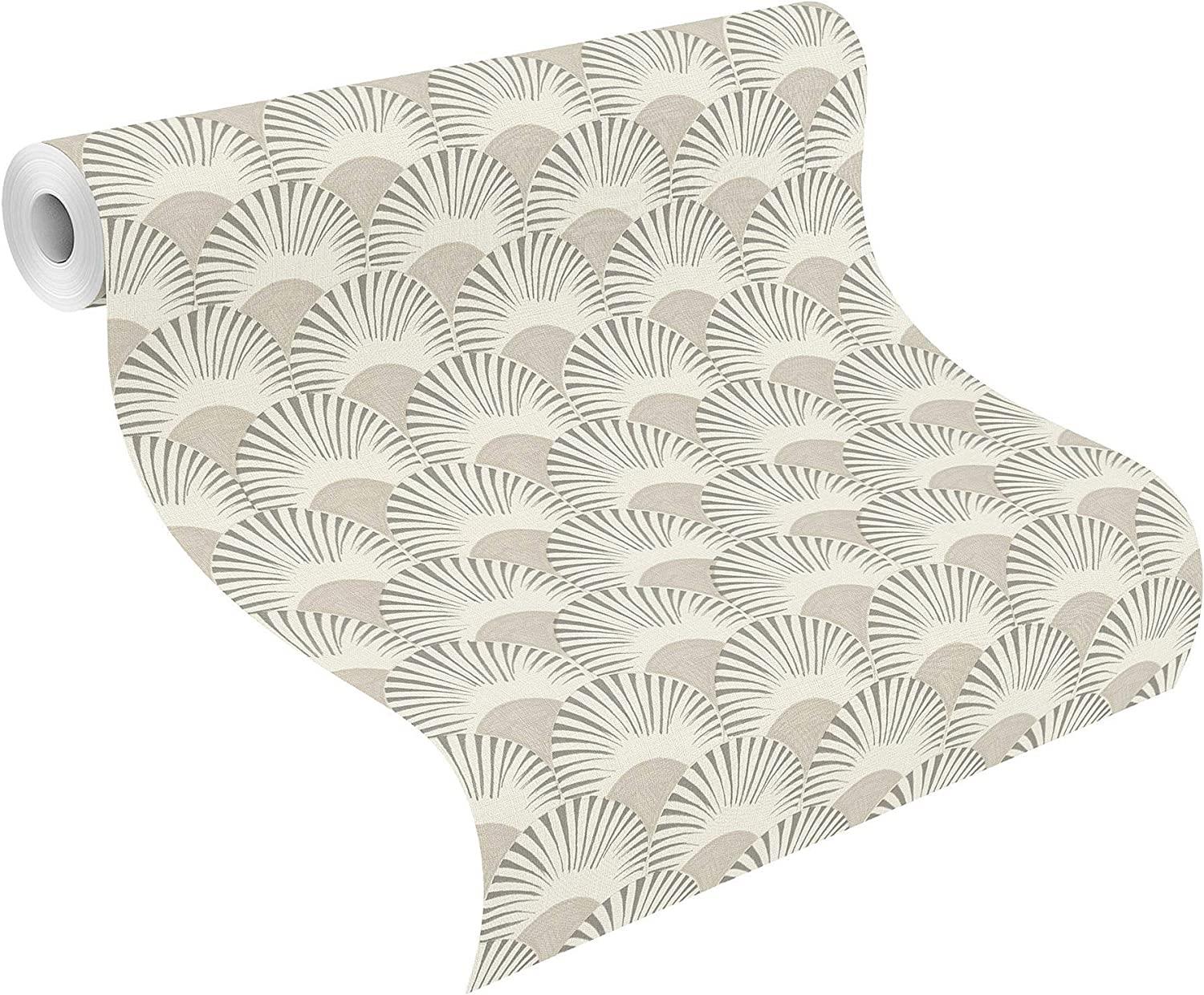 Rasch Studio Onszelf Geometric Fan Motif Beige Non-Woven Wallpaper 539301 with Graphic Fan Pattern in White and Grey with Light Structure