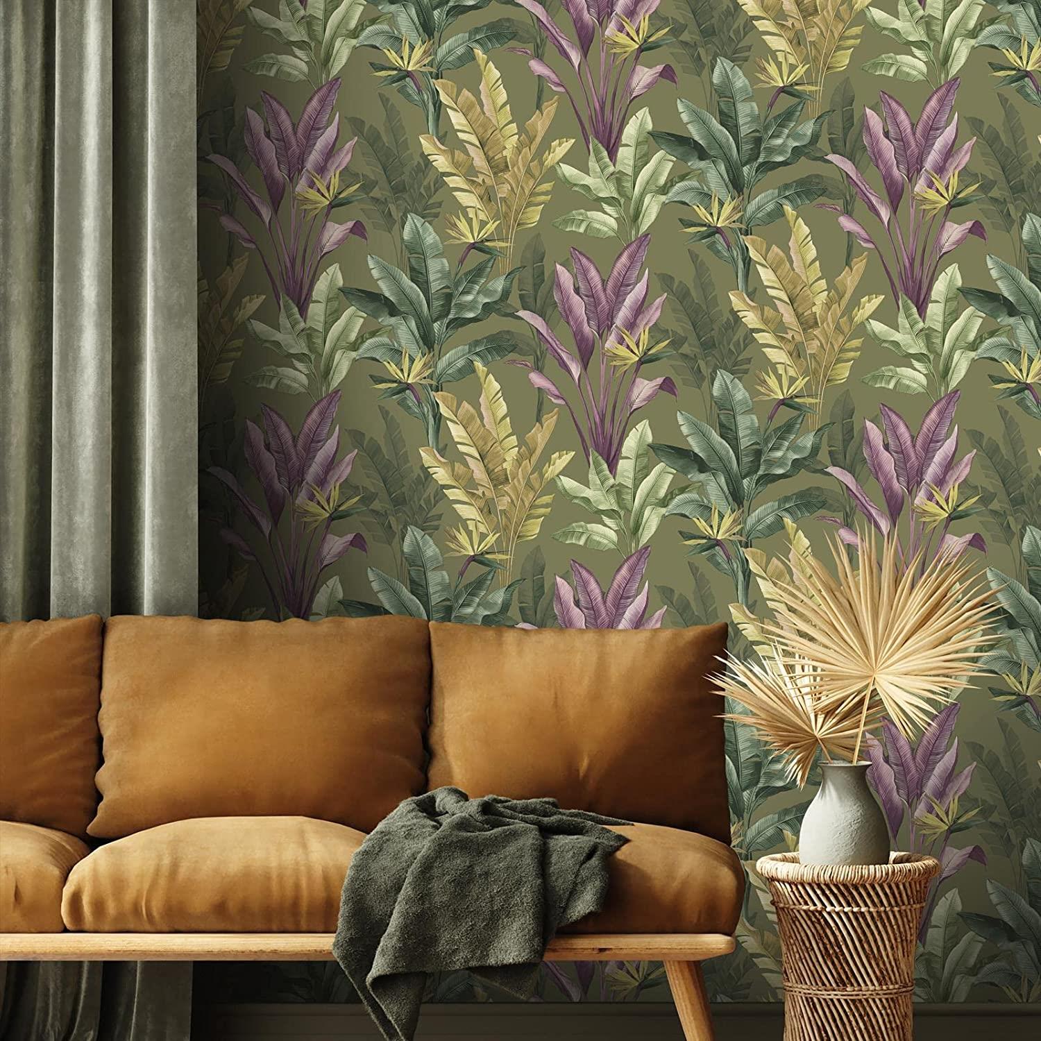Rasch Akari Madagascar Leaf Olive Green/Purple Wallpaper 282886 - All Rooms