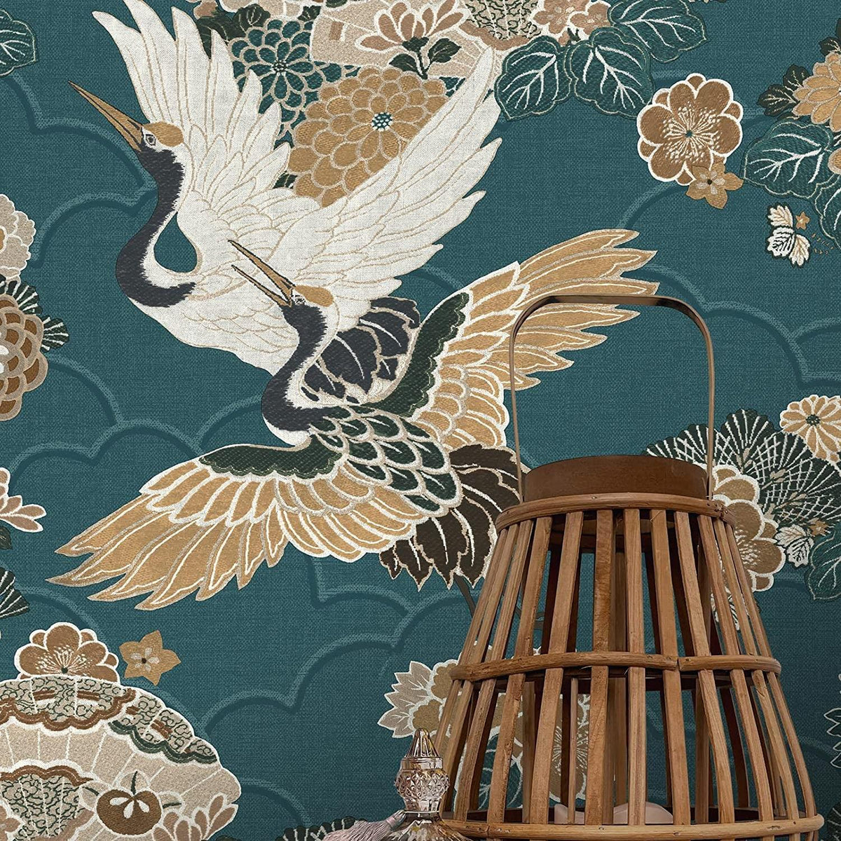 Rasch Akari Kyoto Cranes Floral Wallpaper Teal Rasch 282770