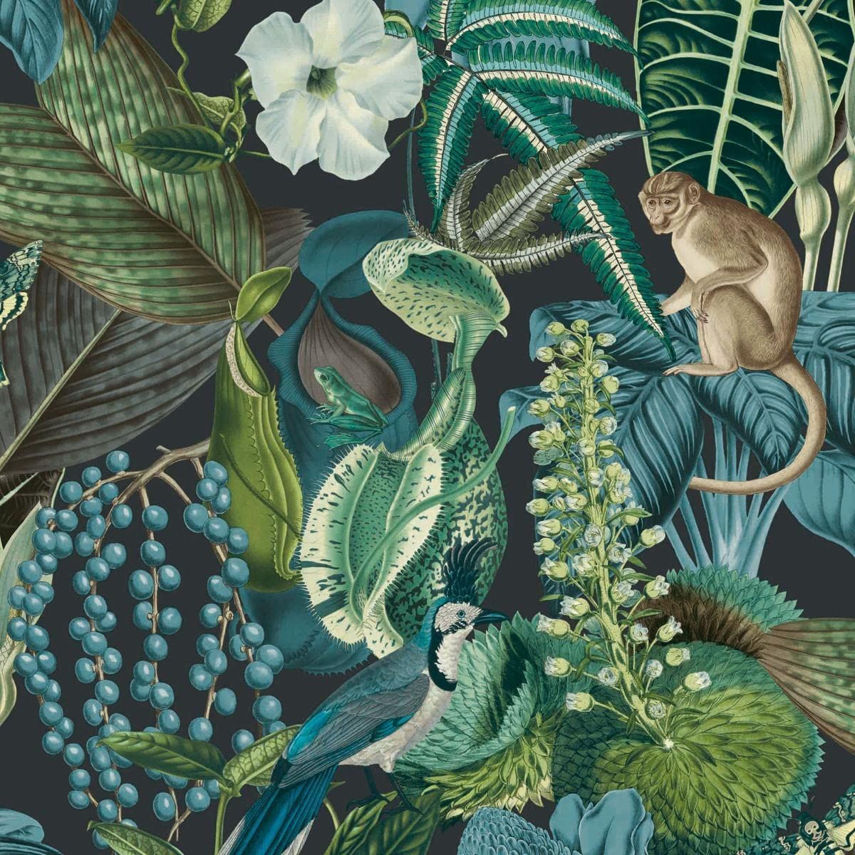 Grandeco Amazon Monkeys Tropical Floral Multi Wallpaper Black / Blue JF2202 for Any Rooms