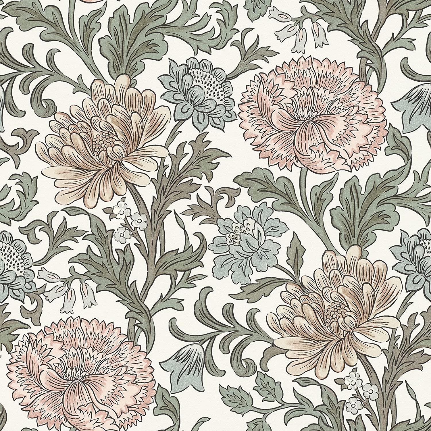 Rasch Wallpaper 553130 - Colourful Non-Woven Wallpaper from The Salisbury Collection with Flower Motif in Various Colours on White Background with Slightly Structure - 10.05 m x 53 cm (L x W)