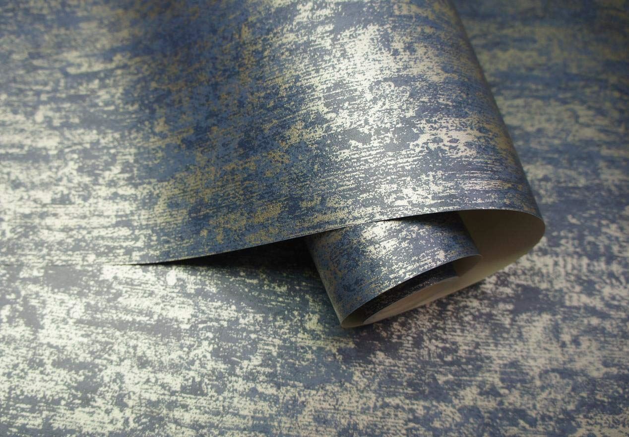 Industrial Textured Metallic Wallpaper Navy Blue Gold Stone Steel YöL