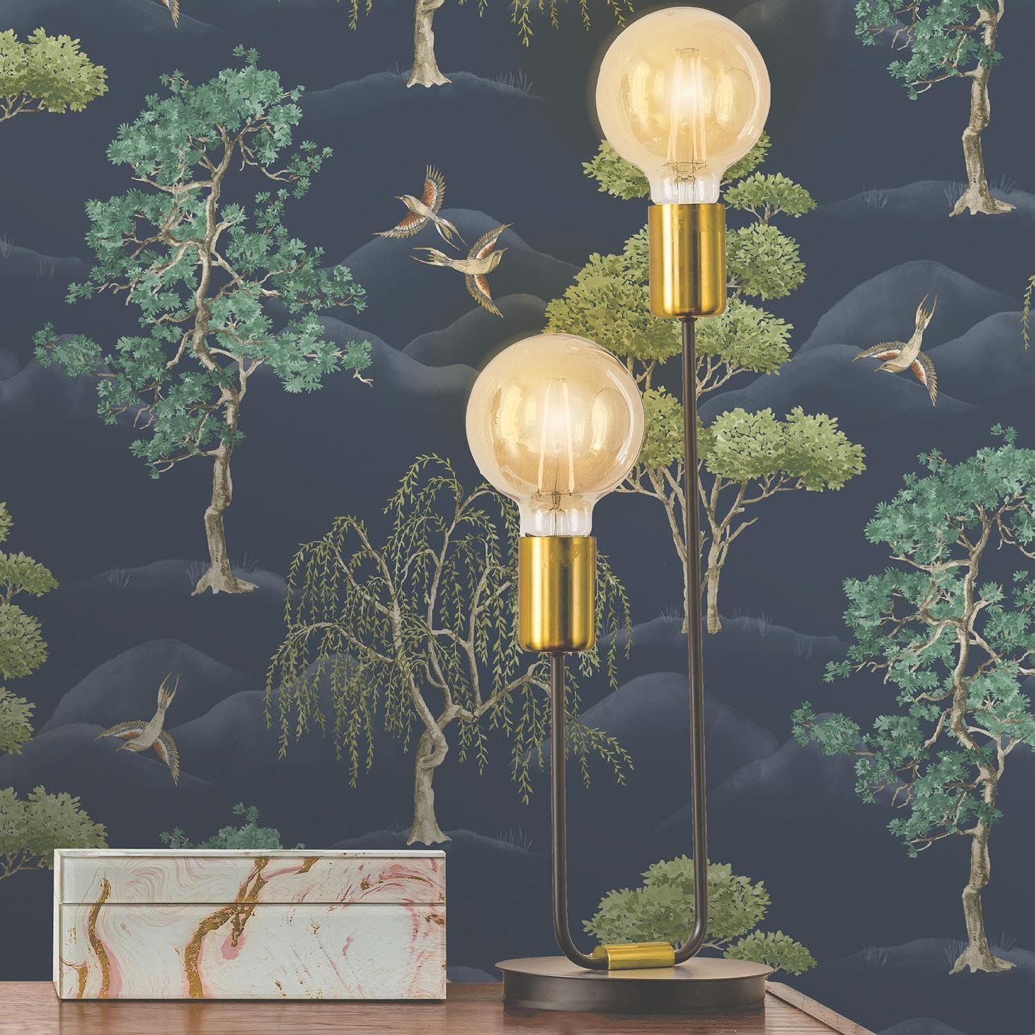 Rasch Maya Willow Woodland Trees Birds Navy Wallpaper - Green Naturistic Floral - Modern Contemporary Feature Wall