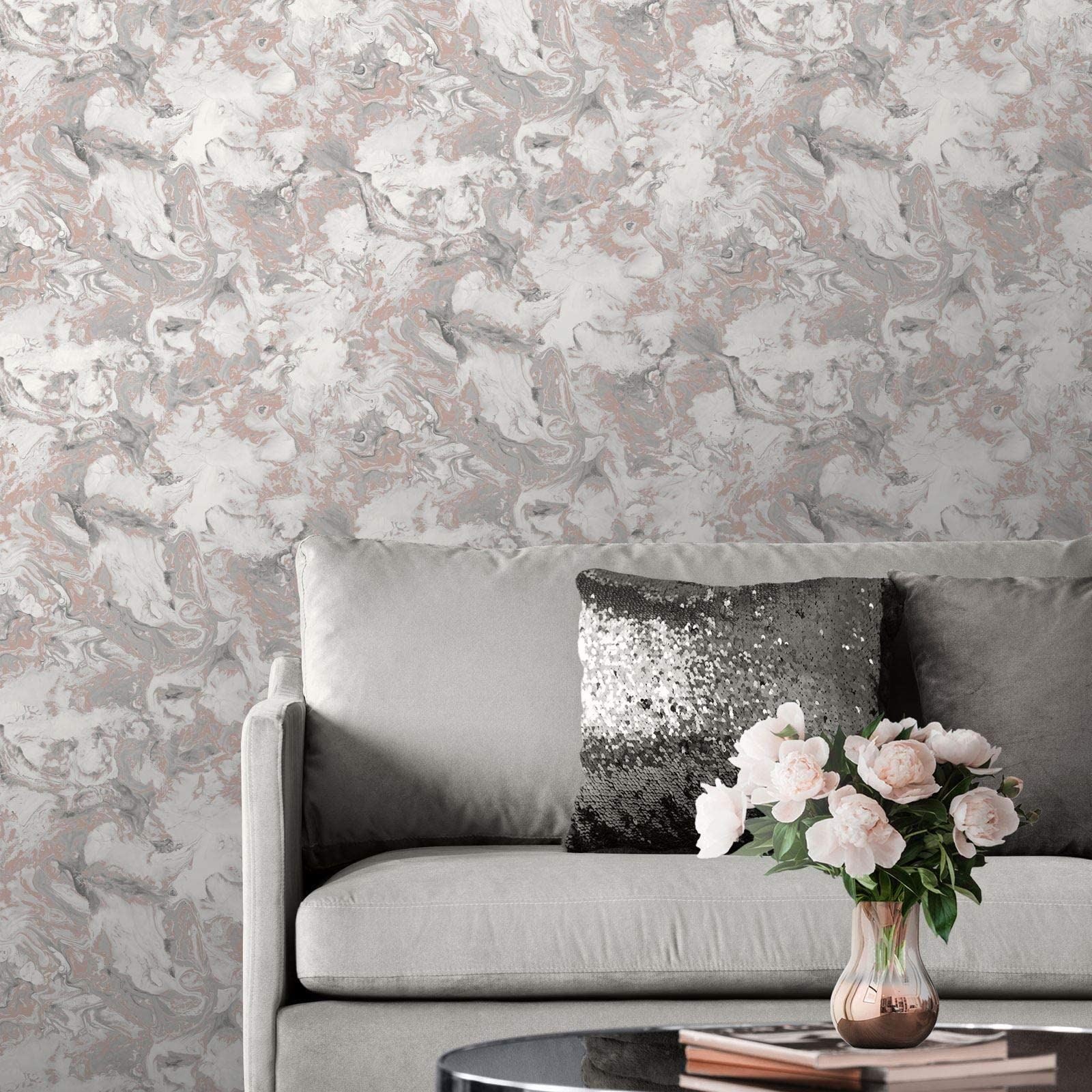 Muriva Elixir Marble Rose Gold Wallpaper 166502 - Feature Metallic Marble Effect