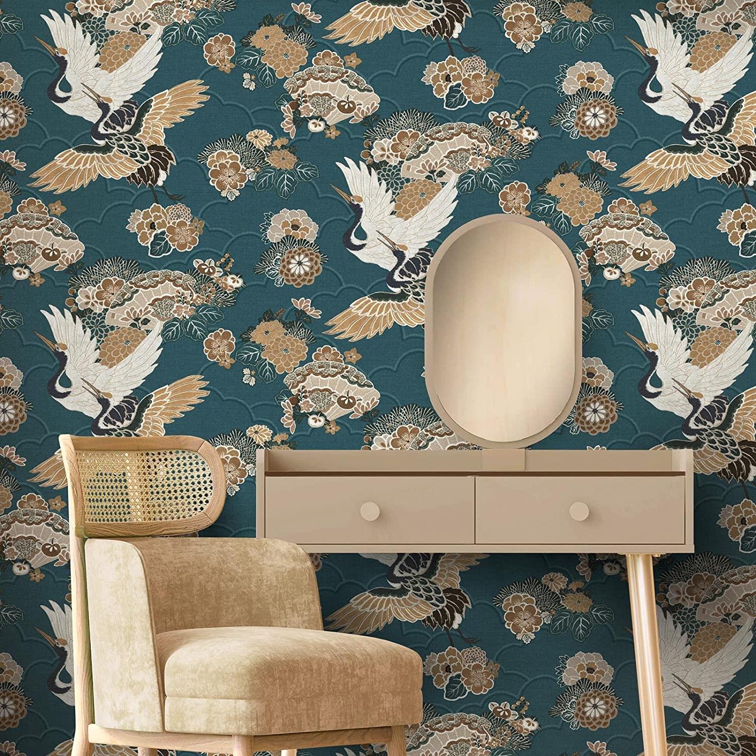 Rasch Akari Kyoto Cranes Floral Wallpaper Teal Rasch 282770