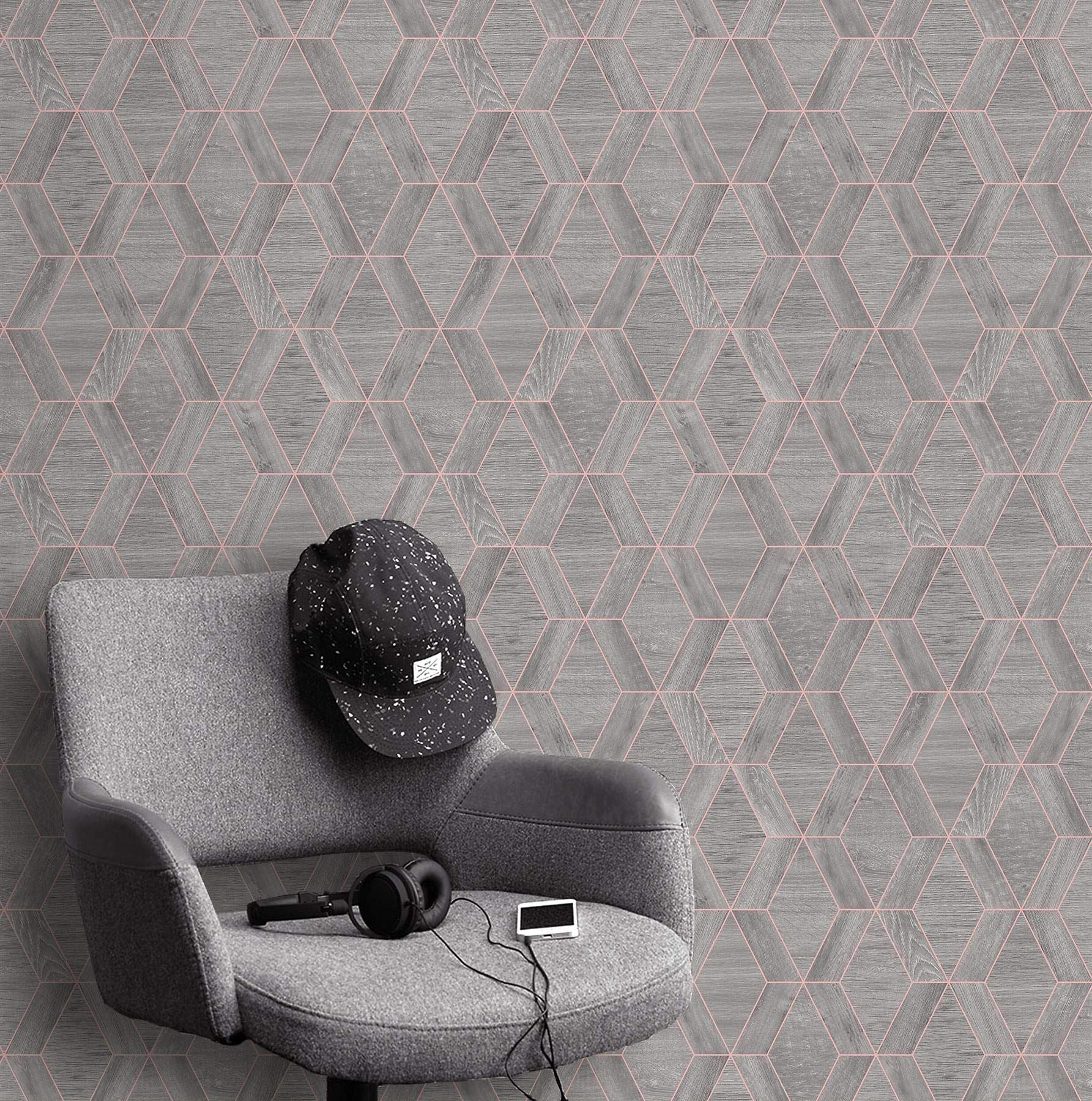 Rasch Geometric Grey Wood Effect Wallpaper Metallic Copper Modern